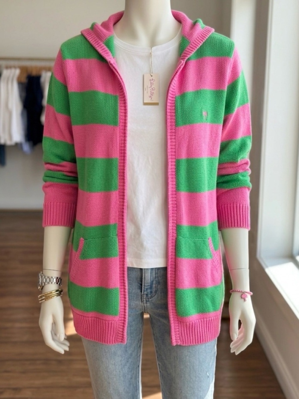 Lilly Pulitzer Pink and Green Striped hooded sweater. Size XL